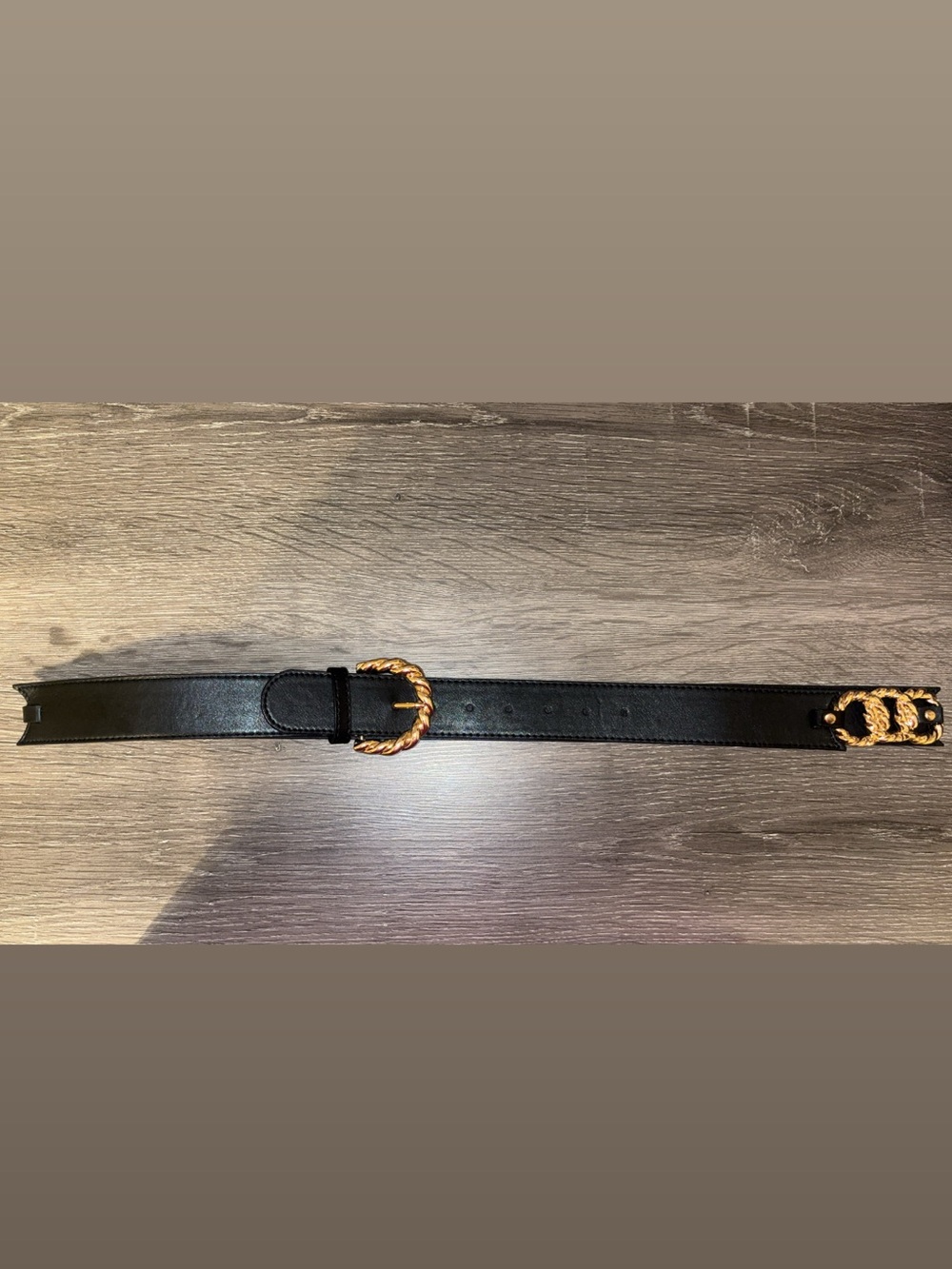 H&M Black Leather Belt with Twisted Gold Buckle